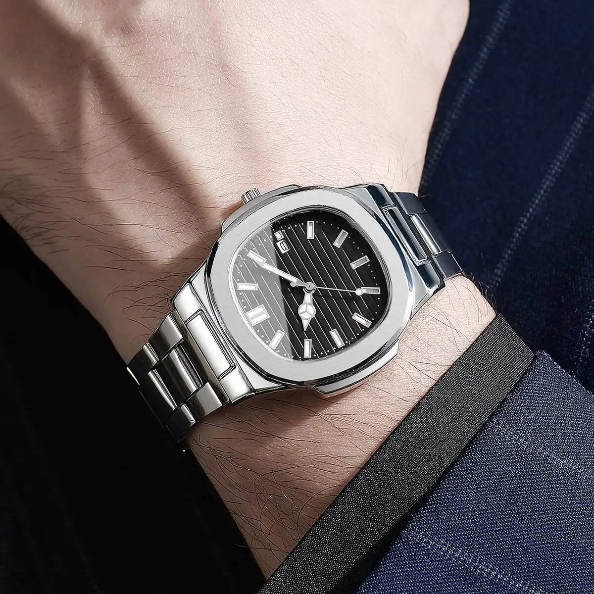 Luxury Men Business Watches Fashion Square Dial Stainless Steel Strap Quartz Watch with Calendar for Mens Clock(Without Box)